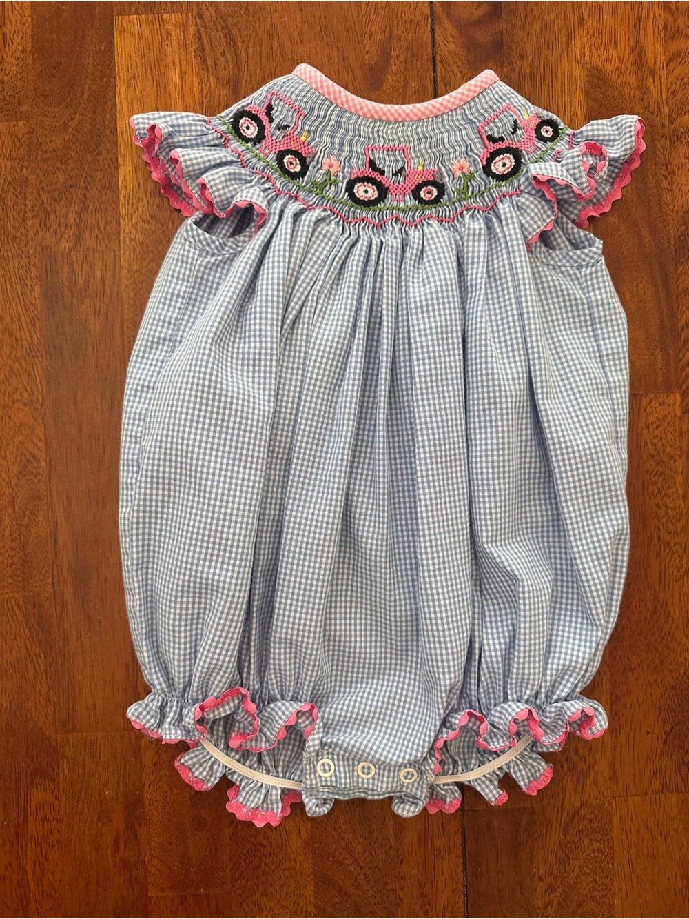 Smocked Pink Tractor Blue Gingham Baby Bubble with Pink Trim